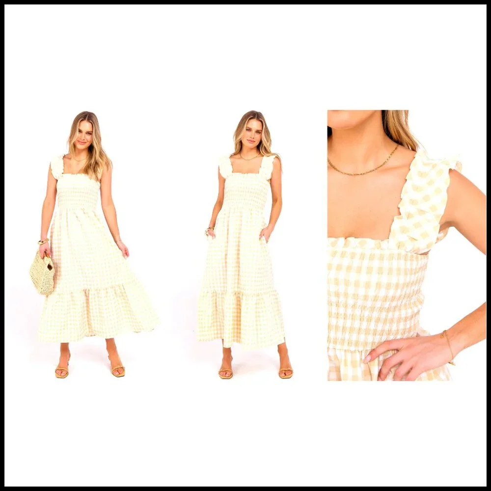 Summer Maxi Dress Spaghetti Strap Smocked Gingham Casual Long Sundress - Picture 7 of 7
